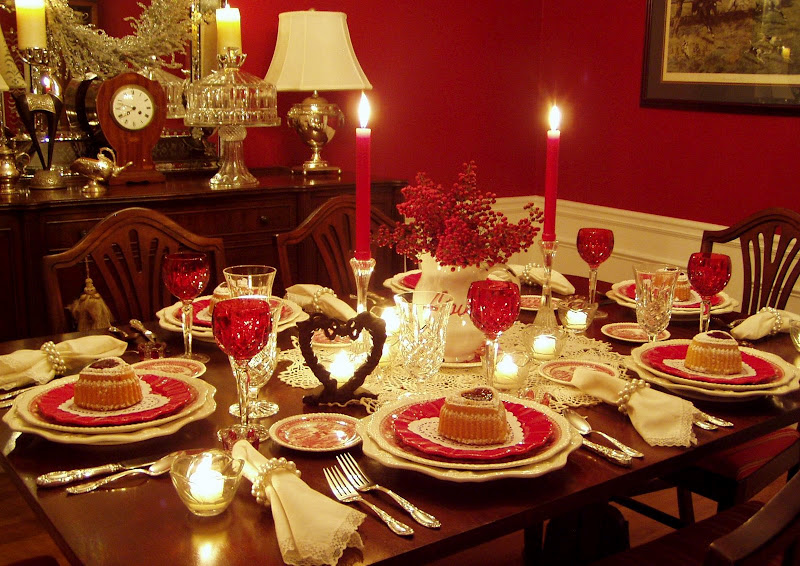 Valentine's Day Table Setting Tablescape with Raspberry Heart Cakes