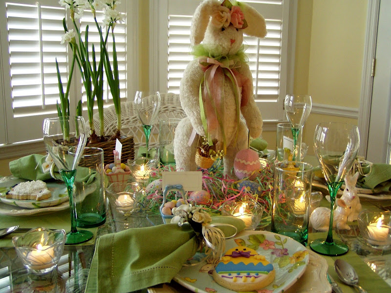 Easter Table Setting Tablescape with Bunny Centerpiece