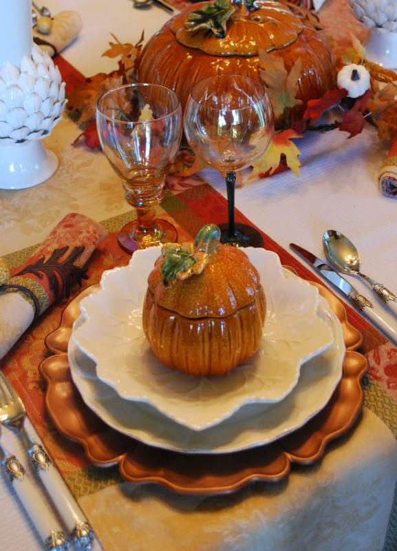 Pumpkin Tureens in a Halloween Fall Tablescape Table Setting 