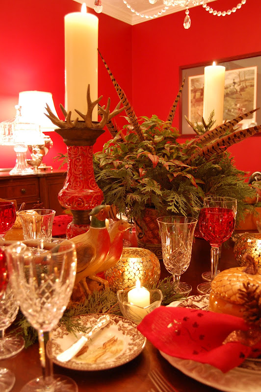 Pheasant centerpiece with antler candlesticks